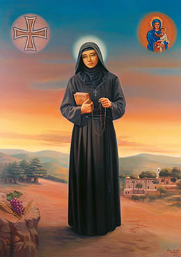 El icono oficial de santa Rafqa, con el libro del Evangelio y un rosario, junto a la cruz maronita y Nuestra Señora de la Liberación.